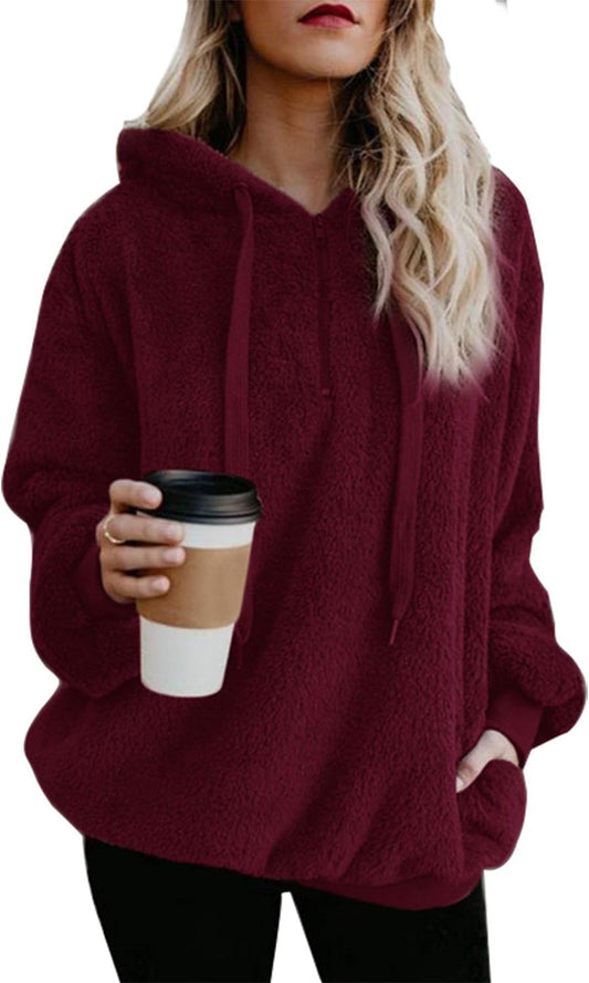 Womens Oversized Sherpa Pullover Hoodie with Pockets Fuzzy Fleece Sweatshirt Plaid Fluffy Jacket Coat